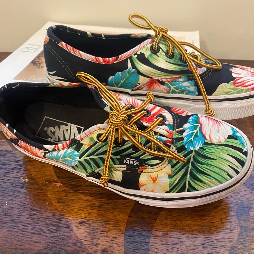Vans Black Floral Sneakers with Yellow Laces size 6.5